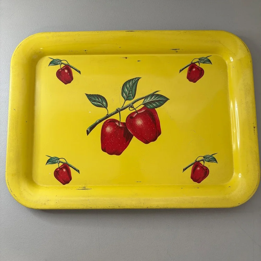 Vintage Yellow Metal Serving Tray Red Apple Litho Tin Farmhouse Kitchen Decor